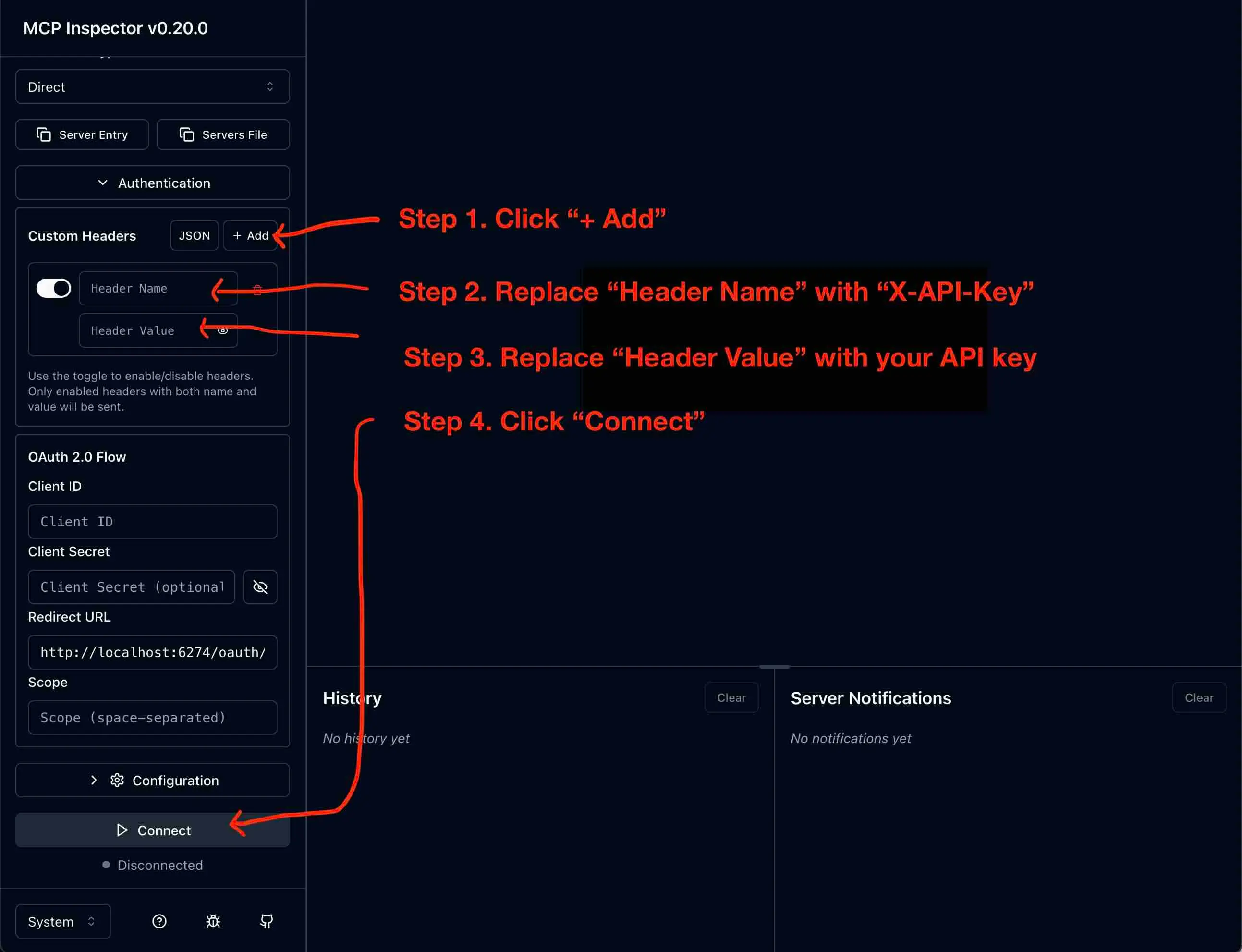screenshot of mcp inspector with authentication expanded