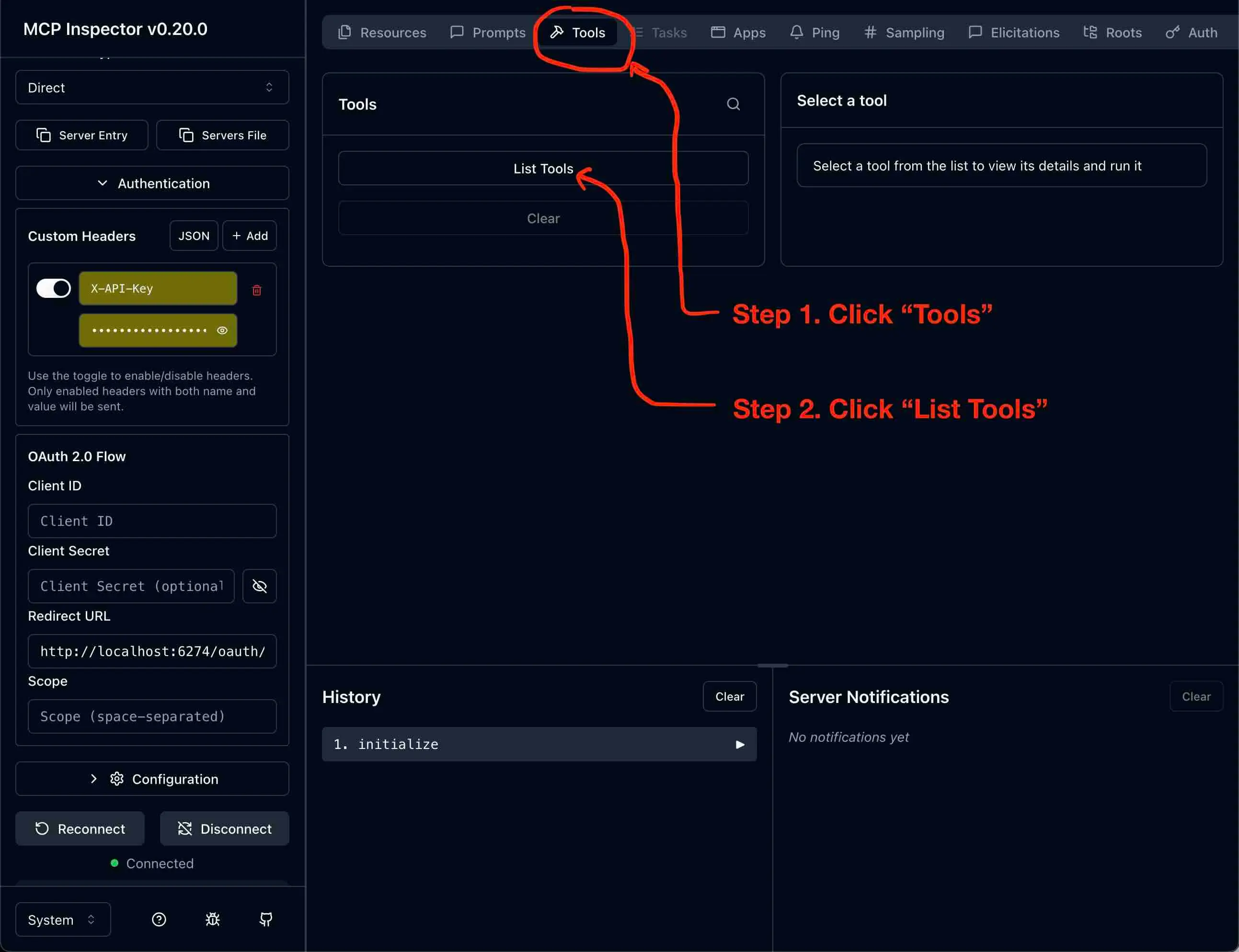 screenshot of mcp inspector just connected