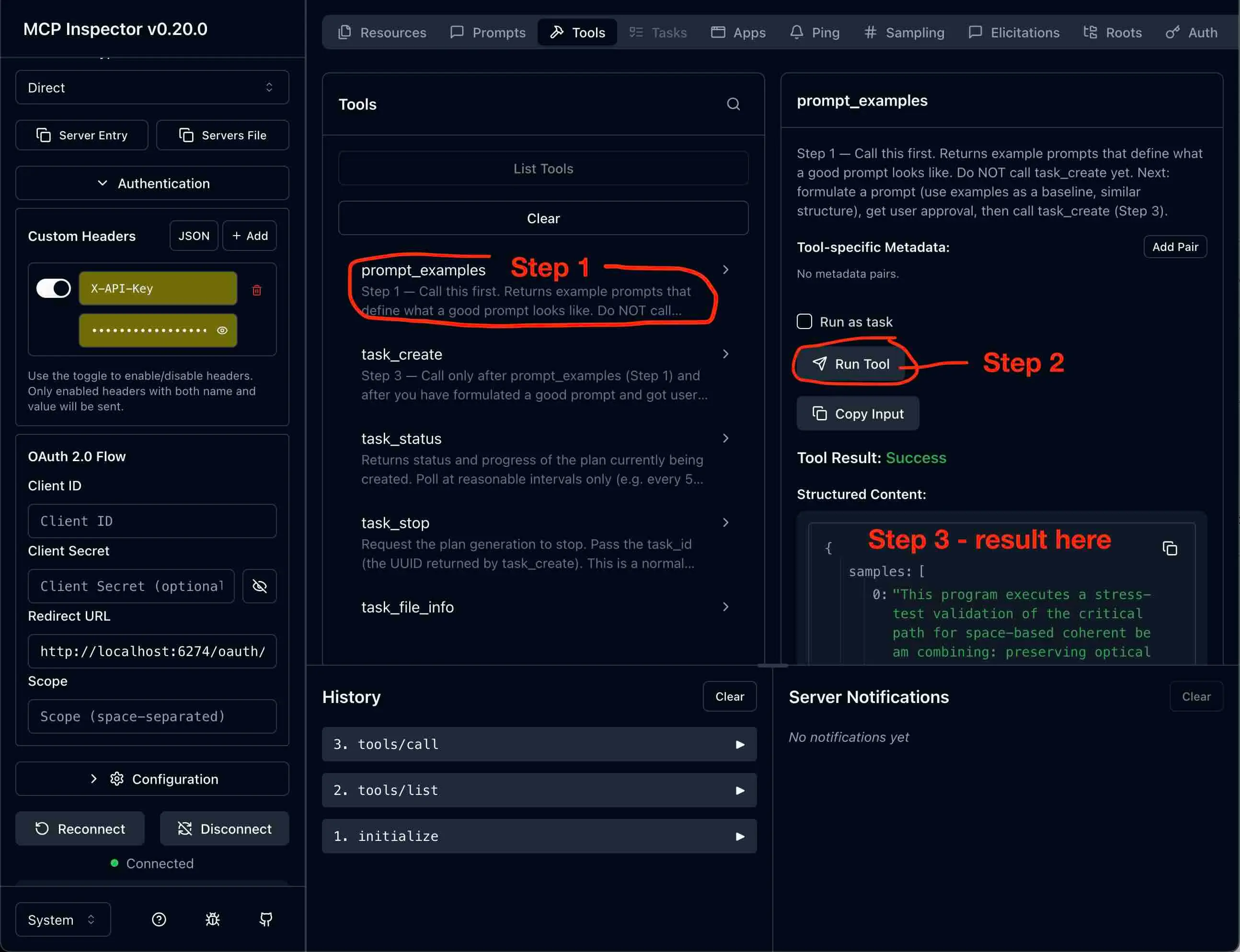screenshot of mcp inspector invoke tool